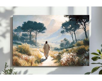 Jesus Walking on a Wildflower Road in the Mountains Wall Art, Christian Oil Painting Printable, Digital Download
