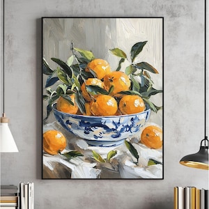 Orangen in einer Schüssel Malerei Wandkunst, Küchendekoration, Vintage Öldruck, Orange Poster, digitaler Download, druckbar