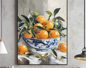 Oranges dans un bol, art mural, décoration de cuisine, impression à l'huile vintage, affiche orange, téléchargement numérique, imprimable