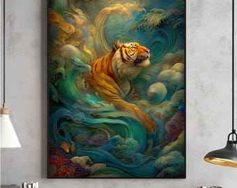 Japanese Tiger Swimming Wall Art, Vintage Ukiyo-e Style Print, Minimalist Animal Poster, Asian Inspired Tiger Decor, Digital Download