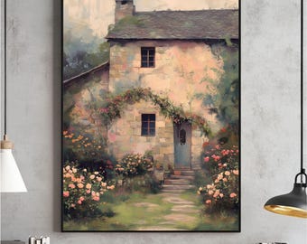 Dekoracja ścienna Cottagecore Decor w stylu vintage, rustykalny angielski krajobraz, plakat z letnią wsią, do pobrania w wersji cyfrowej, do druku