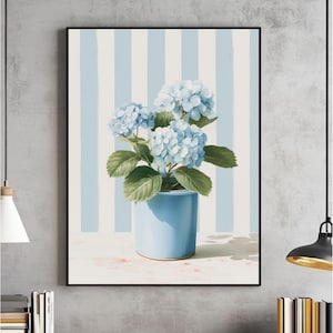 Art mural aquarelle hortensia, imprimé hortensia bleu, décoration florale côtière, affiche botanique, oeuvre d&#39;art maison preppy, téléchargement numérique