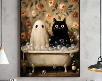 Ghost & Cat in Bathtub Wall Art, Halloween Print, Halloween Bathroom Decor, Spooky Bubblebath Poster, Digital Download, Printable