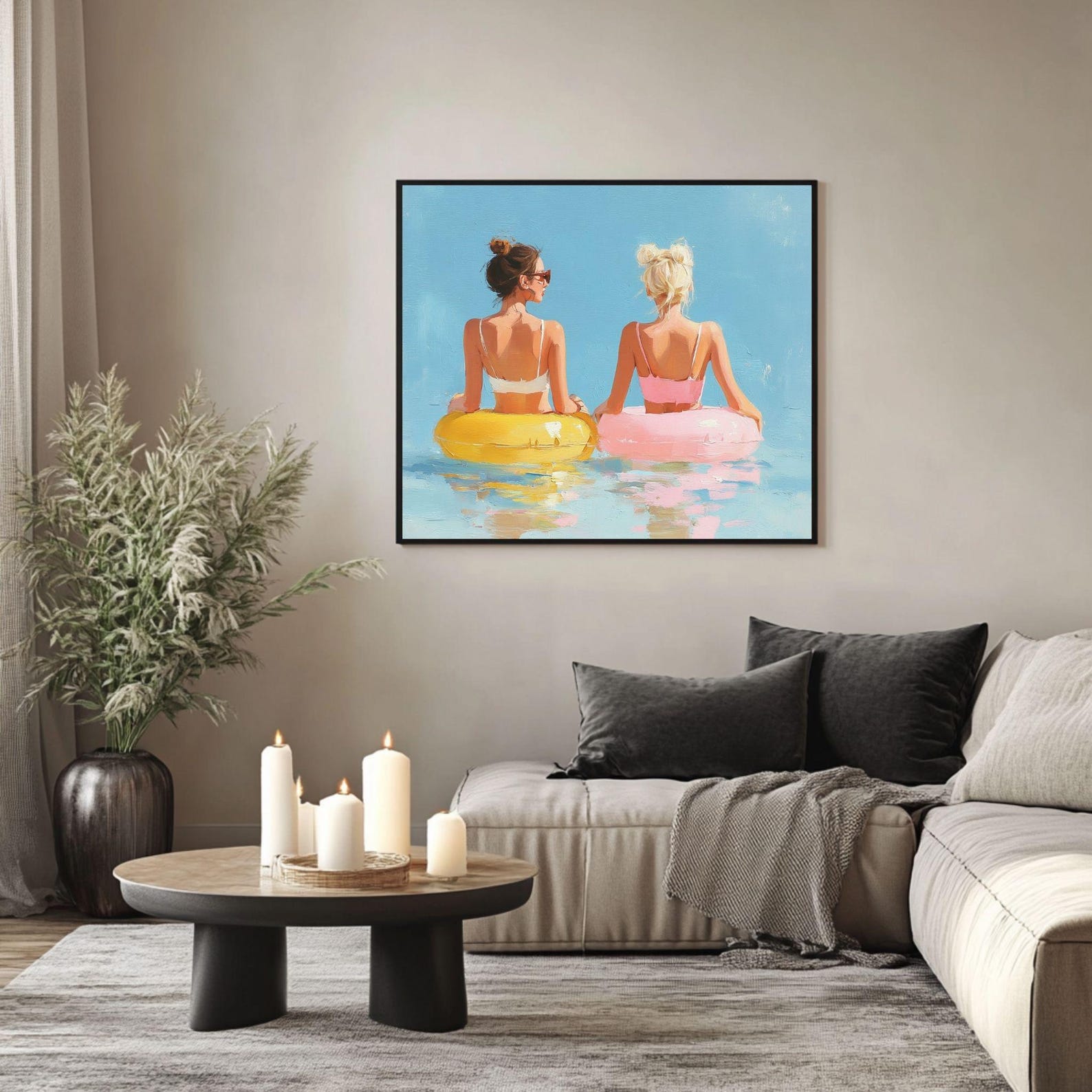 Two Girls in Inner Tubes Wall Art, Pastel Summer Pool Print, Beach ...