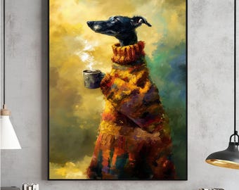 Grafika ścienna z chartem w kawie, zabawny pies w swetrze, obraz olejny ze zwierzętami do druku, uroczy plakat, pobieranie cyfrowe