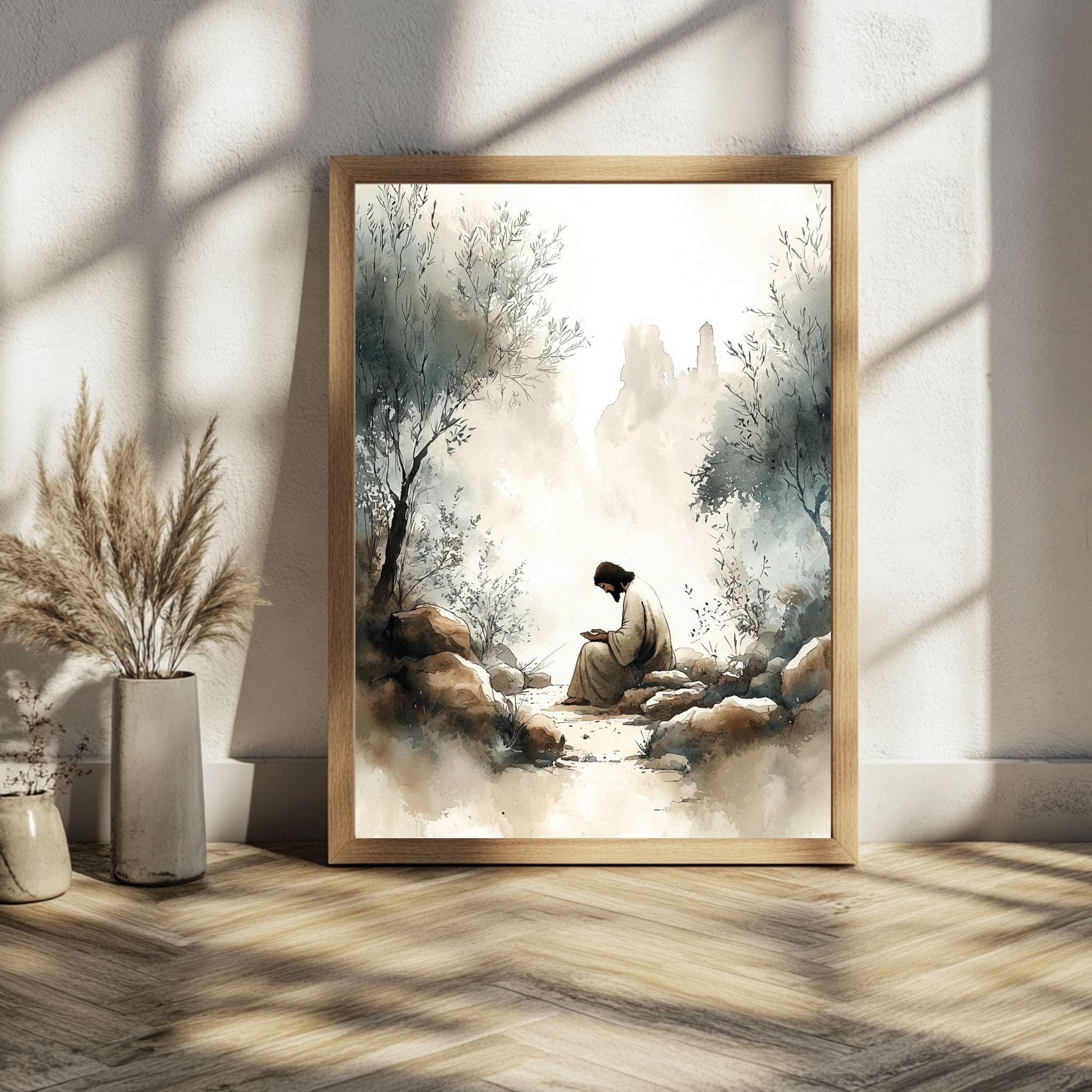 Garden of Gethsemane Wall Art, Jesus Praying Watercolor Printable ...