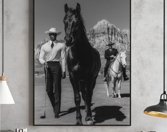 Vintage Cowboy Golf Wall Art, Retro Black and White Western Golf Photo Print, Cowboy Golfer Sports Art Poster, Digital Download