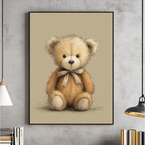 Dibujo de osito de peluche vintage para pared, impresión de género neutro, póster con ilustración vintage, decoración para habitación de bebé, descarga digital