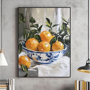 Orangen in einer Schüssel Malerei Wandkunst, Küchendekoration, Vintage Öldruck, Orange Poster, digitaler Download, druckbar