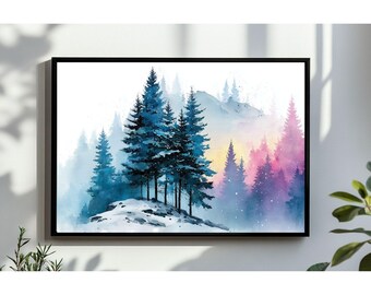 Pode incluir: Uma pintura em aquarela emoldurada de uma cena de floresta de inverno. A obra apresenta árvores perenes azuis e verde-azulado em primeiro plano, com um pano de fundo de montanhas nebulosas e um céu colorido em tons de rosa, roxo e amarelo.