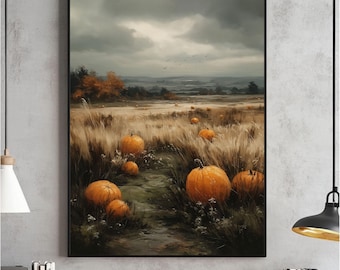 Vintage Pumpkin Field Oil Painting Wall Art, Rustic Fall Landscape Print, Cottagecore Decor, Moody Fall Scene, Warm Tones Digital Download