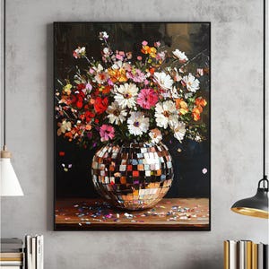Disco Ball Moody Florals Wandkunst, Maximalist Funky Poster, Indie Art, Dark Cottagecore, Retro Eclectic DRUCKBAR, Wildblumenstrauß
