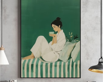 Emerald Green Woman Print, Abstract Coffee Lover Art (Digital Download)