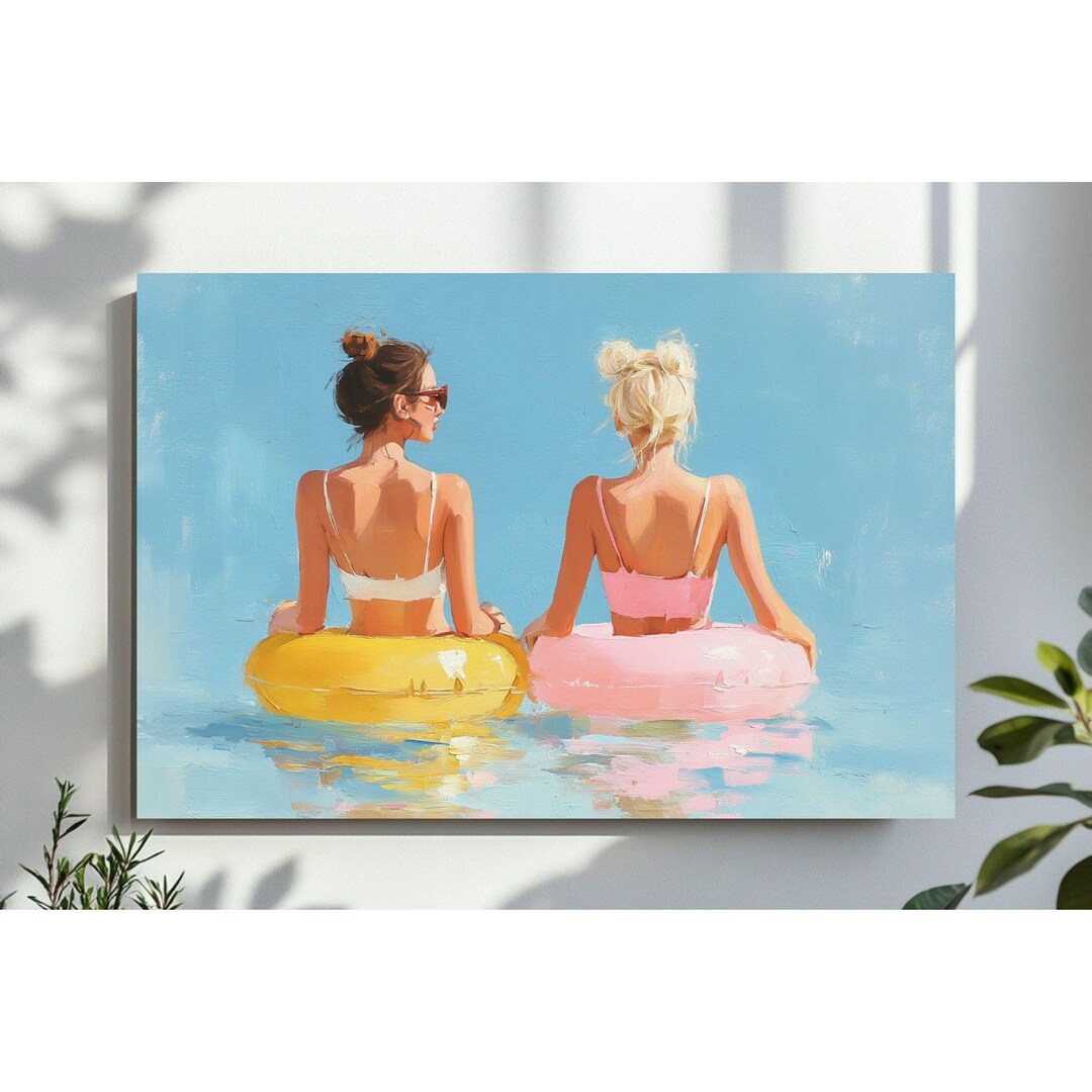 Two Girls in Inner Tubes Wall Art, Pastel Summer Pool Print, Beach ...