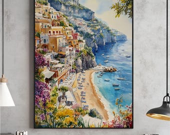 Watercolor Italy Positano Wall Art, Travel Poster, Italian Coast Printable, Italy Artwork, Ocean Print, Digital Download