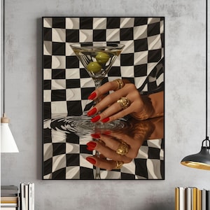 Retro Martini Wall Art, Black Girl Bar Cart Painting, Black fashion Poster, Black Woman Digital, Cool Apartment File, Trendy Cocktail