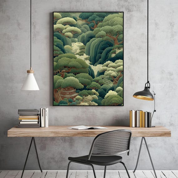 Japanese Forest Wall Art, Maximalist Poster, Sage Green Wabi Sabi