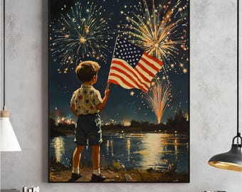 Vintage 4th of July Wall Art, Boy with American Flag and Fireworks Print, Patriotic USA Independence Day Decor, Print, Digital Download