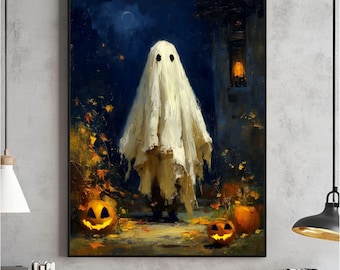 Ghost Painting Wall Art, Halloween Home Decor Print, Abstract Cute Ghost Oil Poster, Vintage Aesthetic, Dark Academia, Cottagecore Digital