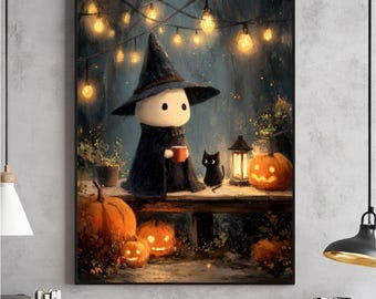 Cute Ghost with Coffee and Black Cat in the Forest Wall Art, Vintage Halloween Print, Dark Academia Room Decor Poster, Digital Download
