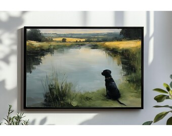 Vintage Black Labrador Pond Landscape Print, Cottagecore Farmhouse Decor (Digital Download)