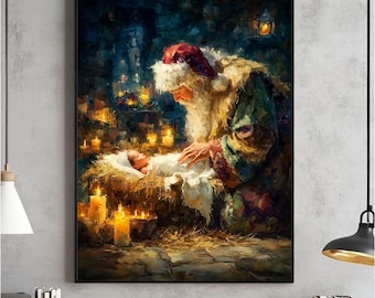 Arte mural navideño vintage de la Natividad, decoración religiosa invernal (descarga digital)