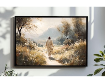 Gesù che cammina su una strada fiorita tra le montagne, opera d'arte murale, dipinto a olio cristiano stampabile, download digitale