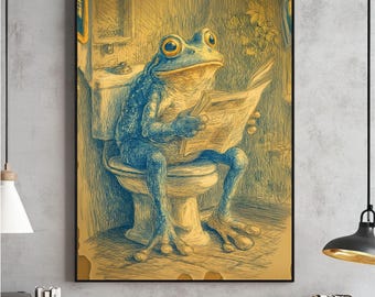 Retro Frosch auf Toilette Wandkunst, schrulliges Badezimmer Poster, Frosch-Dekor-Druck, spielerischer Frosch druckbare, digitaler Download
