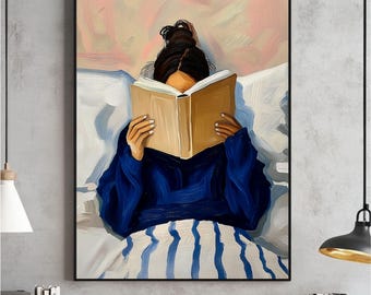 Woman Reading in Bed Wall Art, Book Lover Poster, Reading Nook Library Decor Print, Whimsical Retro Girly, Cozy Bedroom Digital Download