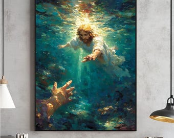 Hand Gottes Digitale Wandkunst, Christlicher Druck, Jesus rettet Petrus, Bild von Christus, katholisches Poster, LDS, Bibelvers, sofortiger Download