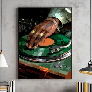Arte mural musical con discos de vinilo, pintura artística de DJ negro, póster imprimible de tocadiscos, decoración de música hip hop, impresión de Hypebeast, descarga digital