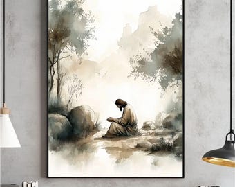 Garden of Gethsemane Wall Art, Jesus Praying Watercolor Printable, Christian Print, Faith-Based Home Decor Digital, Religious Artwork