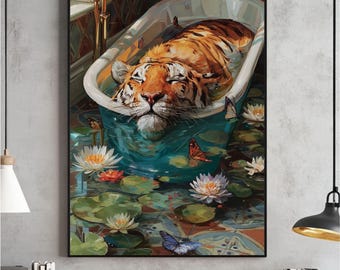 Art mural tigre tendance, affiche maximaliste, estampes éclectiques, décoration féministe, téléchargement numérique, imprimable coloré, oeuvre d'art en tube de tigre