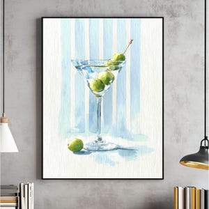 Martini-muurkunst (blauw), pastelcocktail gestript schilderij, blauwe martini-barwagen wordt afgedrukt, afdrukbare kustbar, barkunst, digitale download