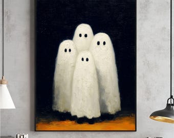 Cute Ghosts Halloween Wall Art, Vintage Spooky Decor Poster, Minimal ...