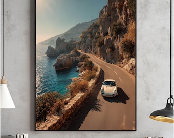 Stampa fotografica di auto di lusso della Costiera Amalfitana, arte murale costiera retrò (download digitale)