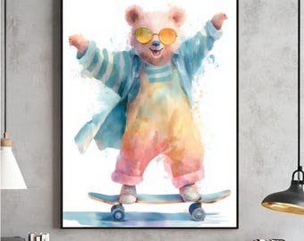 Retro skateboardbjörn väggkonst, grönt och beige tryck, barnrumsaffisch, lekfullt roligt coolt djur, barndekor, digital nedladdning