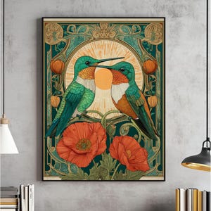 Scandinavian HummingBird Wall Art, Hummingbird Folk Art Painting, Nature Folk Print, Scandinavian Decor, Farmhouse Artwork, Digital Download