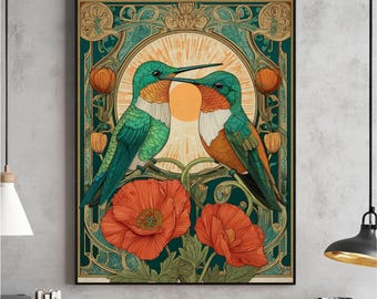 Scandinavian HummingBird Wall Art, Hummingbird Folk Art Painting, Nature Folk Print, Scandinavian Decor, Farmhouse Artwork, Digital Download