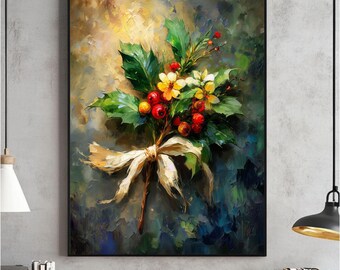 Vintage Holly Berry Christmas Print, Botanical Winter Wall Art (Digital Download)