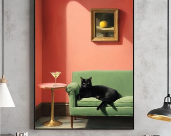 Art mural chat noir avec martini, impression cocktail fantaisiste, décoration de chariot de bar, affiche de chat à la mode, cocktail original téléchargement numérique