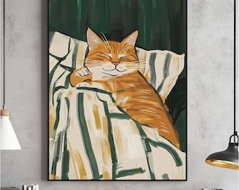 Grande stampa murale "Gatto addormentato", arte contemporanea, stampa minimalista, decorazione verde scuro per soggiorno, stampabile con gattino a strisce, download digitale