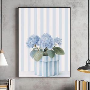 Art mural aquarelle hortensia, imprimé hortensia bleu, décoration florale côtière, affiche botanique, oeuvre d&#39;art maison preppy, téléchargement numérique