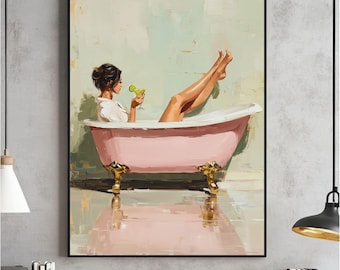 Pink Clawfoot Bathtub Wall Art, Glam Self Care Bathroom Decor Poster, Vintage Martini Girl Painting, Feminine, Print, Digital Download