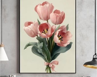 Coquette Tulips Bouquet Room Wall Art, Pink Girly Aesthetic Poster, Y2k Cute Girly Decor, Digital Instant Download, Blush Pink Bow Painting