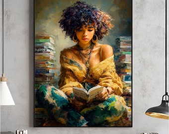 Lámina artística de mujer negra leyendo, decoración moderna de melanina (descarga digital)