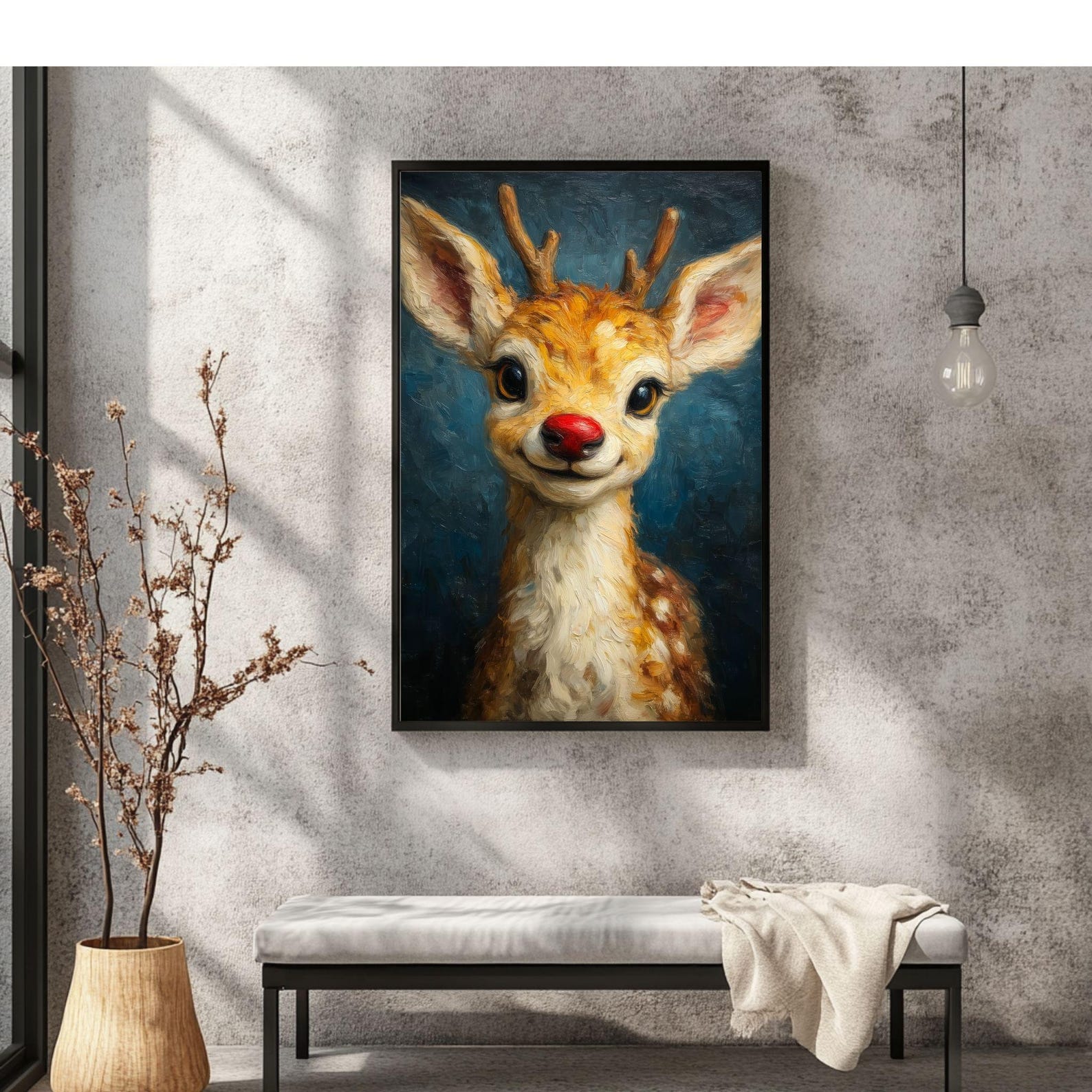 Rudolph Painting Reindeer Cute Wall Art, Whimsical Deer Christmas