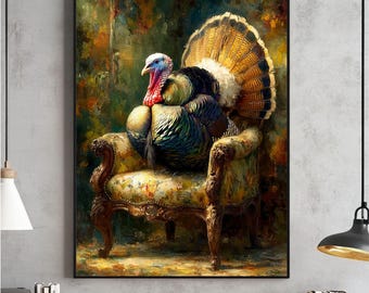 May include: A framed artwork depicts a regal turkey seated in an ornate armchair. The turkey has vibrant blue, green, and brown plumage, a red wattle, and a fanned tail. The chair is upholstered with a floral pattern, set against a painterly background.