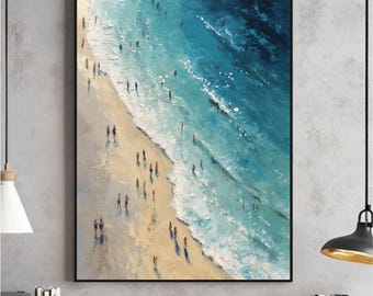Tiny People Swimming in Ocean Wall Art, Beach House Decor Digital Download, Summer Coastal Painting, Modern Minimalist Wall Poster, Print