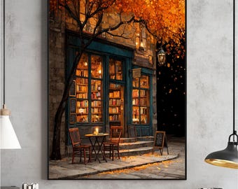 Autumn Coffee Shop Wall Art, Moody Bookstore Print, Cozy Cafe Fall Poster, Thanksgiving Decor, Book Lover Print, Dark Aesthetic Download